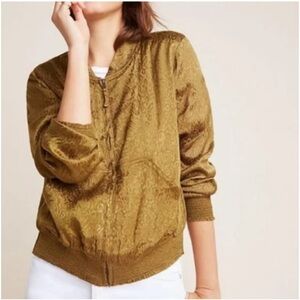 NWOT Anthropologie Maeve Silky Satin Olive Green Leopard Animal Bomber Jacket S